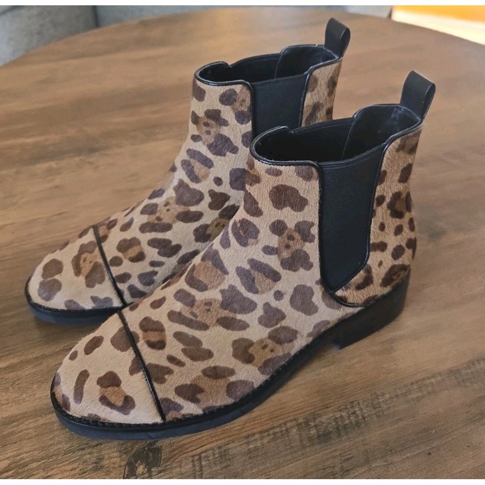 Cole Haan Mara Chelsea Ankle Boots 8B Brown Leopard Print Calf Hair Leather